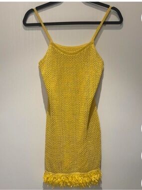 Yellow Crochet Fringe Hem Mini Dress